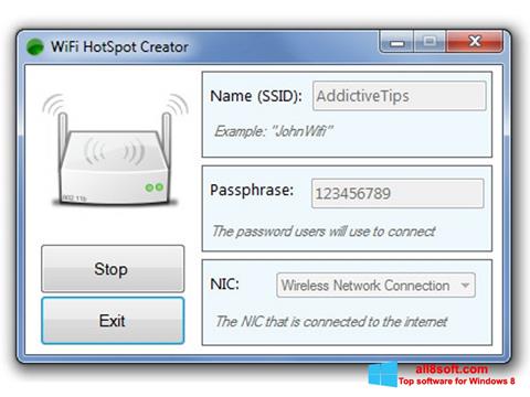 Captură de ecran Wi-Fi HotSpot Creator pentru Windows 8