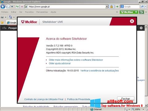 Captură de ecran McAfee SiteAdvisor pentru Windows 8