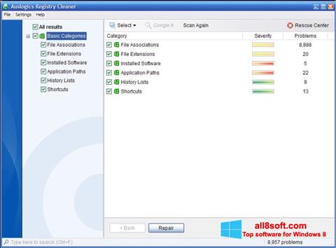 Captură de ecran Auslogics Registry Cleaner pentru Windows 8